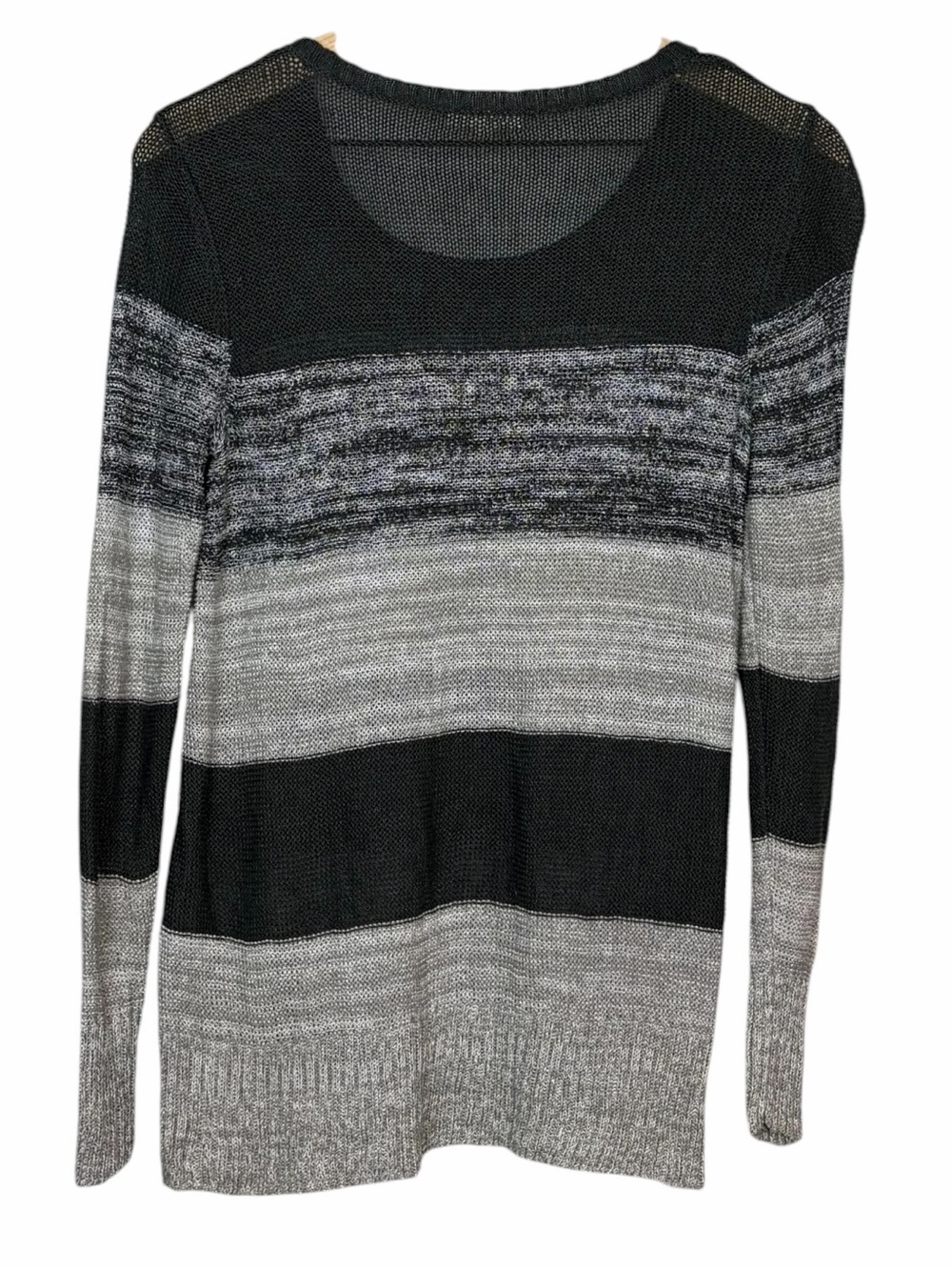 Eileen Fisher Black and Gray Striped Lightweight Scoop-Neck Sweater - Picture 3 of 6